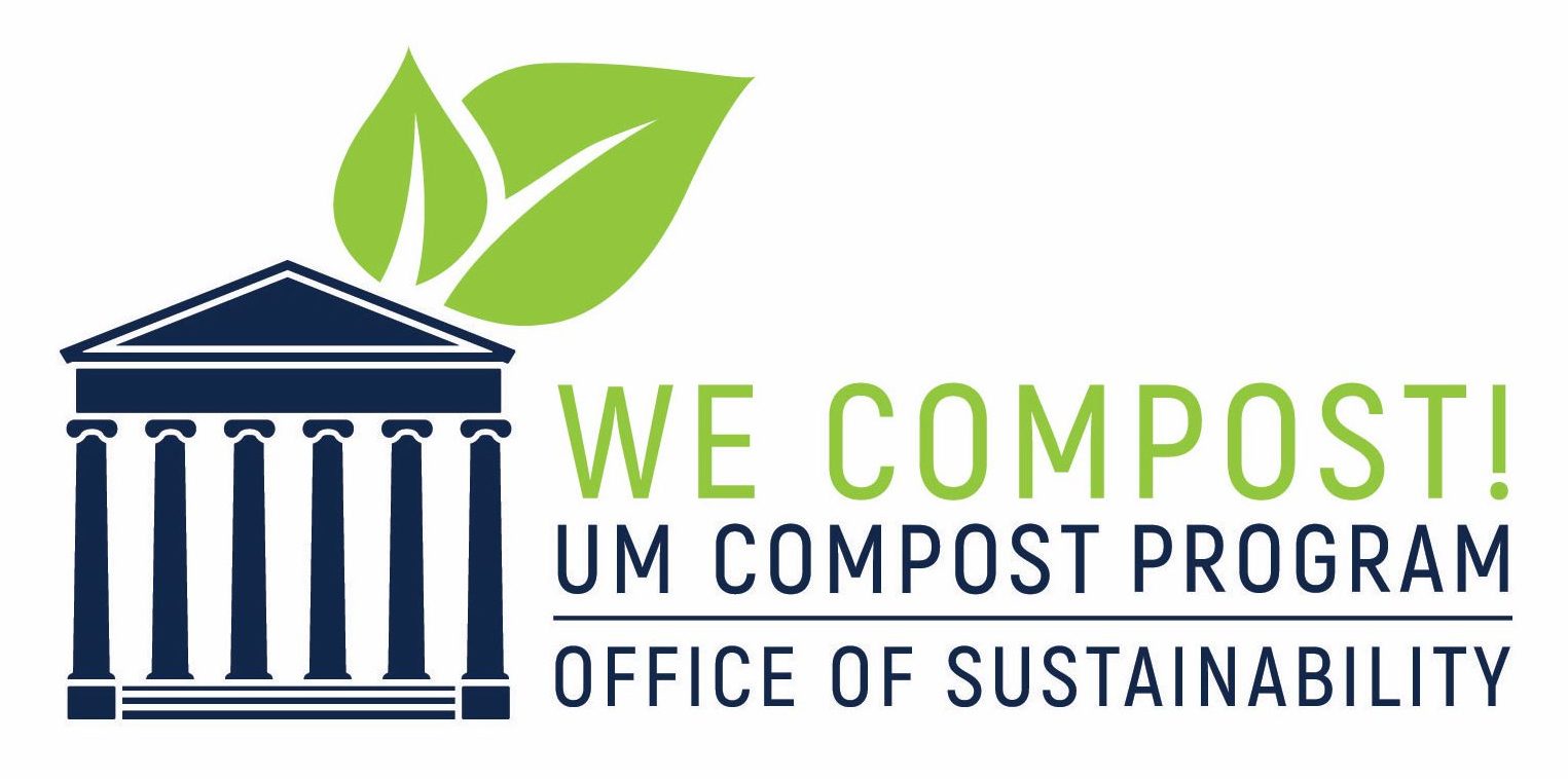 Logo of Two leaves protruding from top of silhouette of structure with columns for University of Mississippi Office of Sustainability We Compost